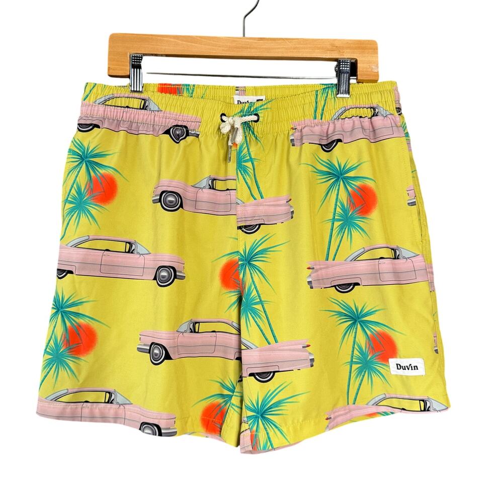Duvin Cruising Cars Swim Trunks Mens XL Yellow‎ Drawstring Pink Car Print Beach